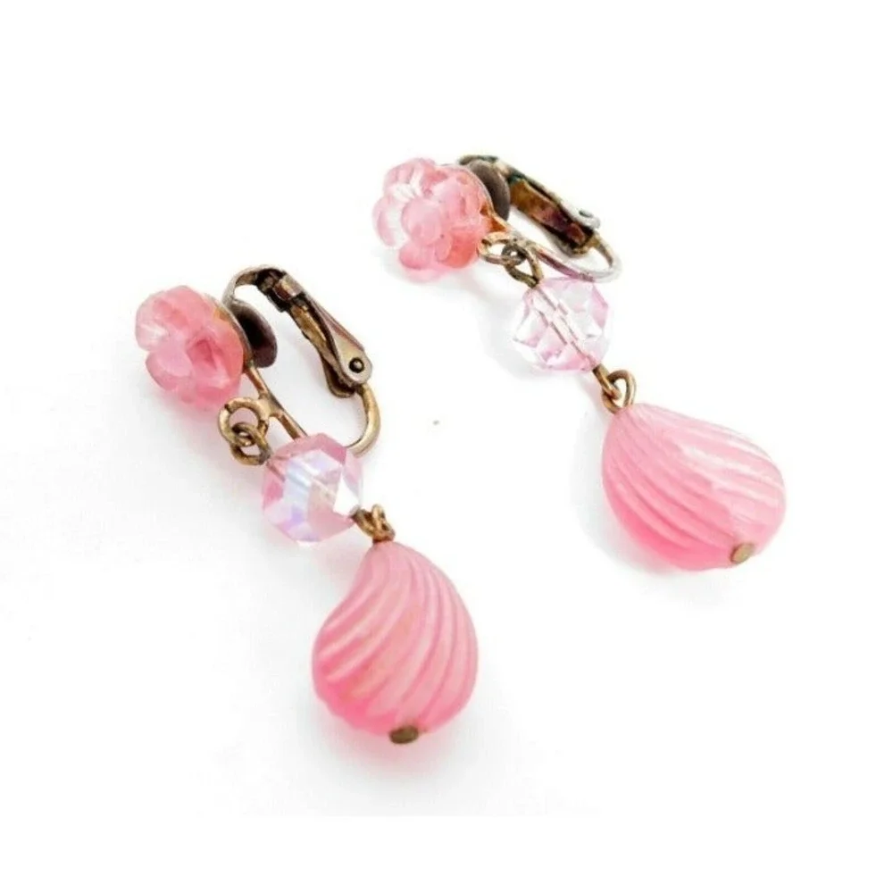 VINTAGE PRETTY PINK FROSTED‎ CRYSTAL DROP CLIP-ON EARRINGS